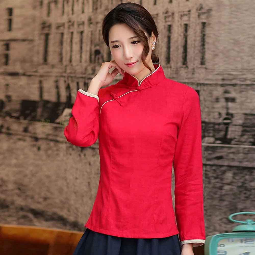  2019 Summer Casual Chinese Style Women Linen Blouse Shirt Plus Size 3XL Red White Long Sleeve Cloth