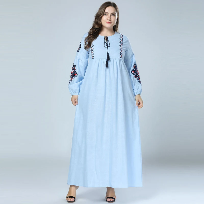 

Plus Size Ethnic Dtyle Embroidery Long Sleeve Muslim Dress Women Spring O Neck Tassel Long Bohemian Beach Dress blue M - 4XL
