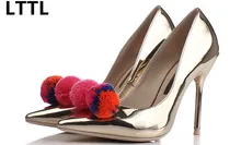 Europa Stil Neue Frühling Herbst Bunte Pompoms High Heels Mode Silber Spiegel Spitz Frauen Pumpt allgleiches Bankett Schuhe