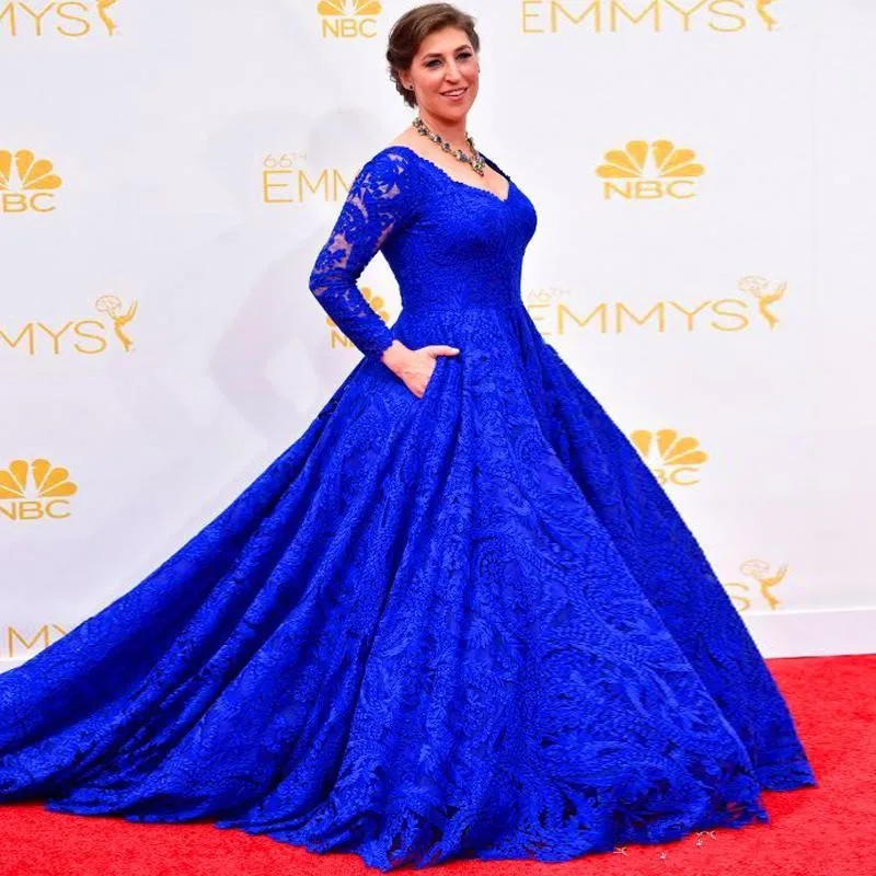  Plus Size Celebrity Dresses 2016 V Neck Long Sleeves Backless Court Train Blue Pleat Lace Custom Made Evening Party Dress C50 