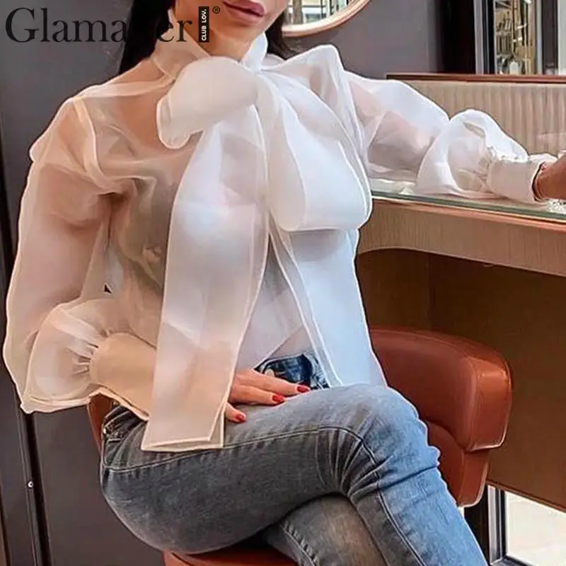 Glamaker белая сексуальная прозрачная блузка с галстуком-бабочкой рубашка женское с буфами рукав Летняя уличная рубашка Топ женская