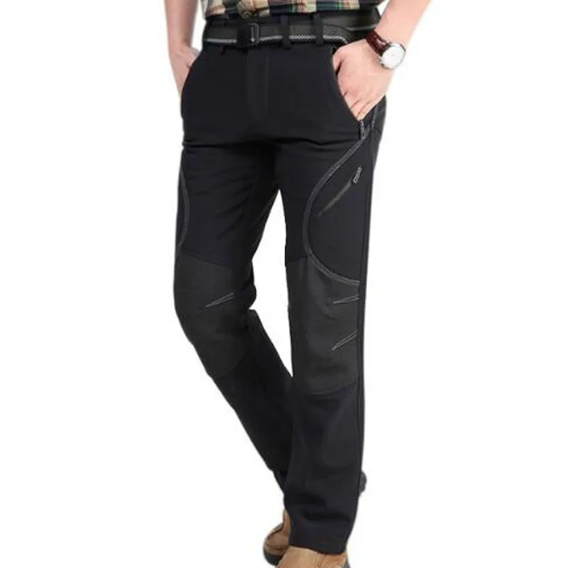 Aufdiazy Winter Men Fleece Softshell Hiking Pants Black Outdoor Sports Male Waterproof Windproof Thermal Camping Trousers JM023