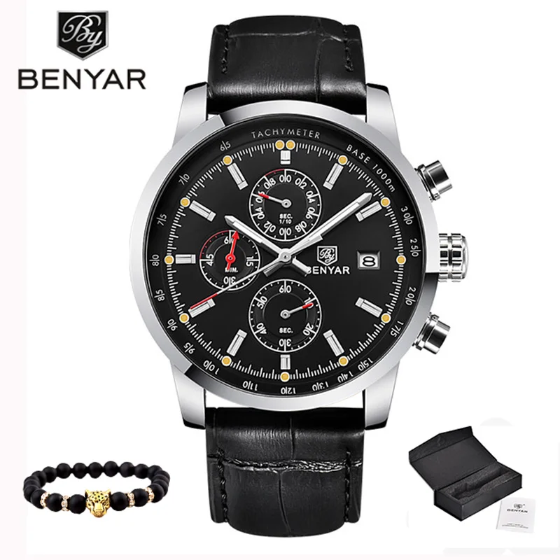 BENYAR мужские повседневные модные часы мужские спортивные часы роскошные кожаные водонепроницаемые противоударные кварцевые часы черные простые мужские часы - Цвет: Silver-Black
