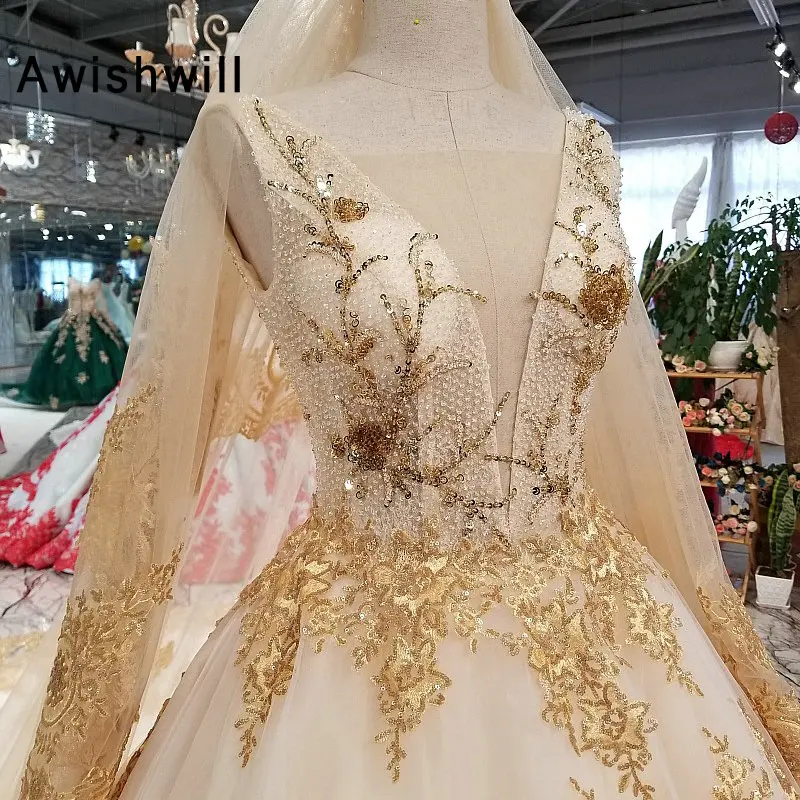 Реальные фотографии Золотое свадебное платье с кружевной длинный шлейф бисером трапециевидной формы v-образным вырезом Свадебные платья для женщин Свадебные платья Винтаж
