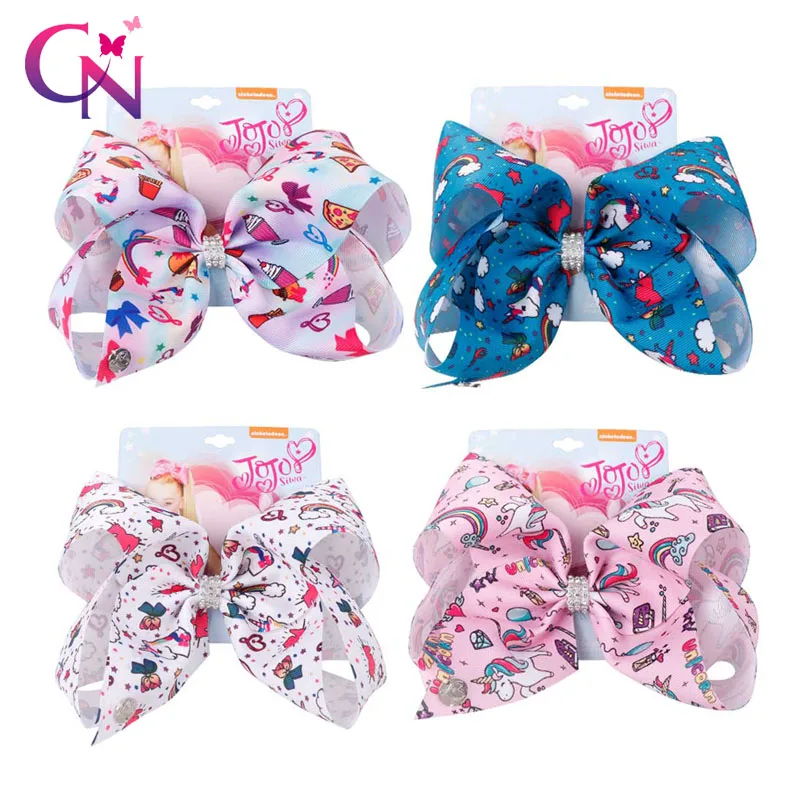 

8" Large JoJo Bow With Hair Bow For Girls Handmade Printed Cartoon Hair Bows Rainbow Horse Girls Rhinestone Hair Accessories