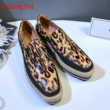 

2019 cow leather square toe thick bottom med heels wedge leopard print straw decoration platform increasing casual shoes L1fy