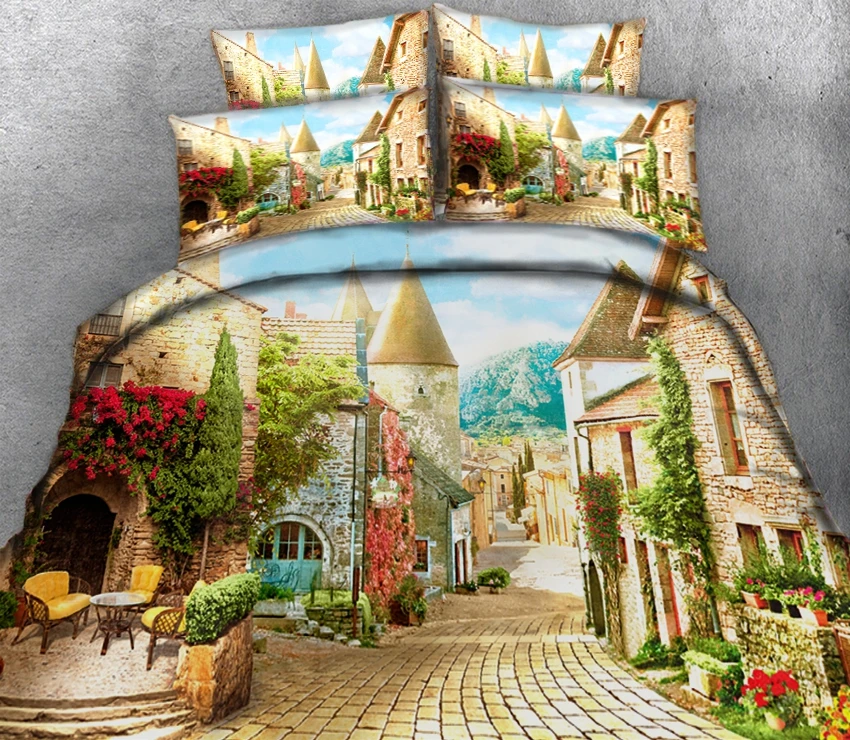 

House vines and alleys under blue sky Night view of modern city 3d effect photo bed linen can be customized photo pattern