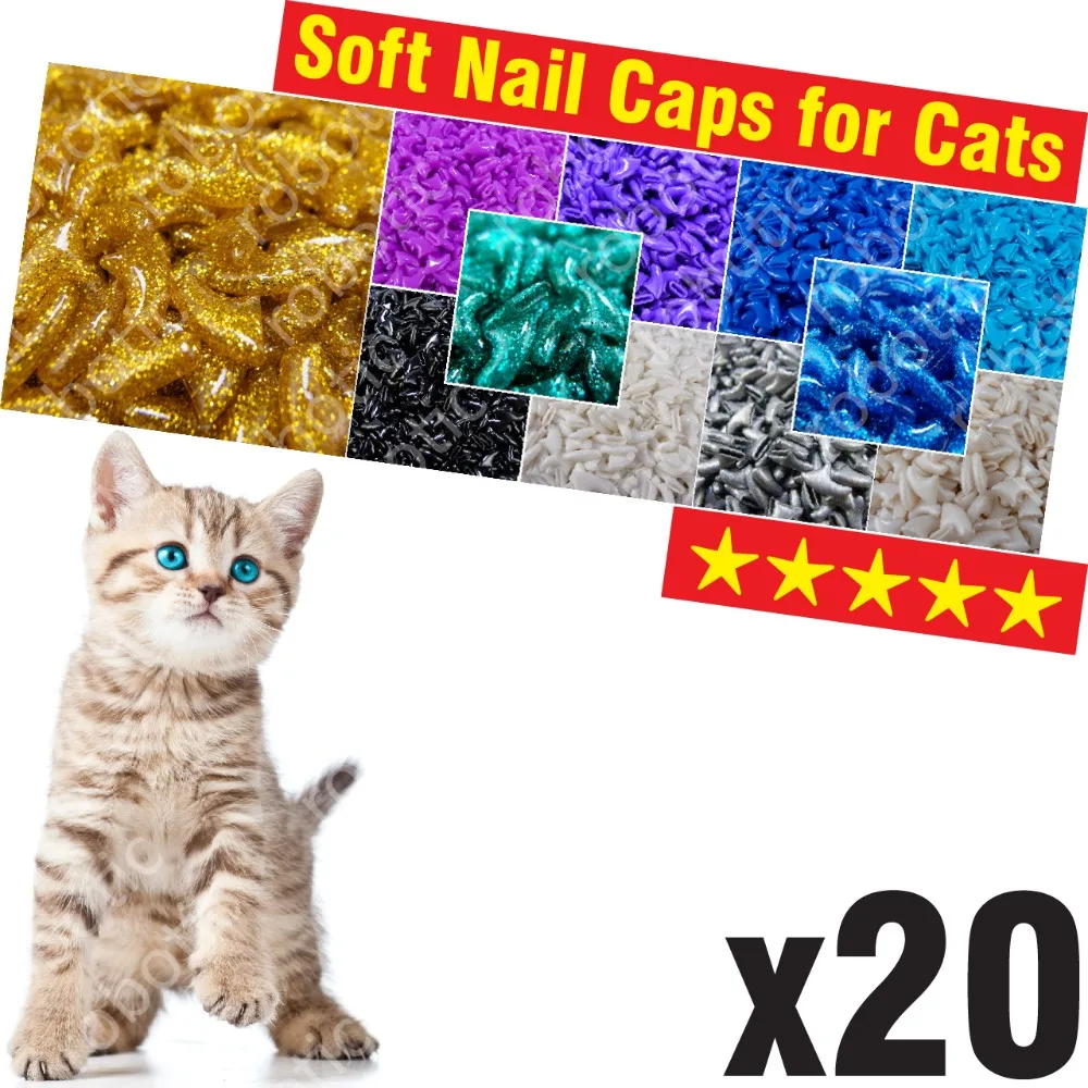 20 шт. мягкие колпачки для кошек + 1x клейкий клей аппликатор/* XS S M L чехол кошка лапа