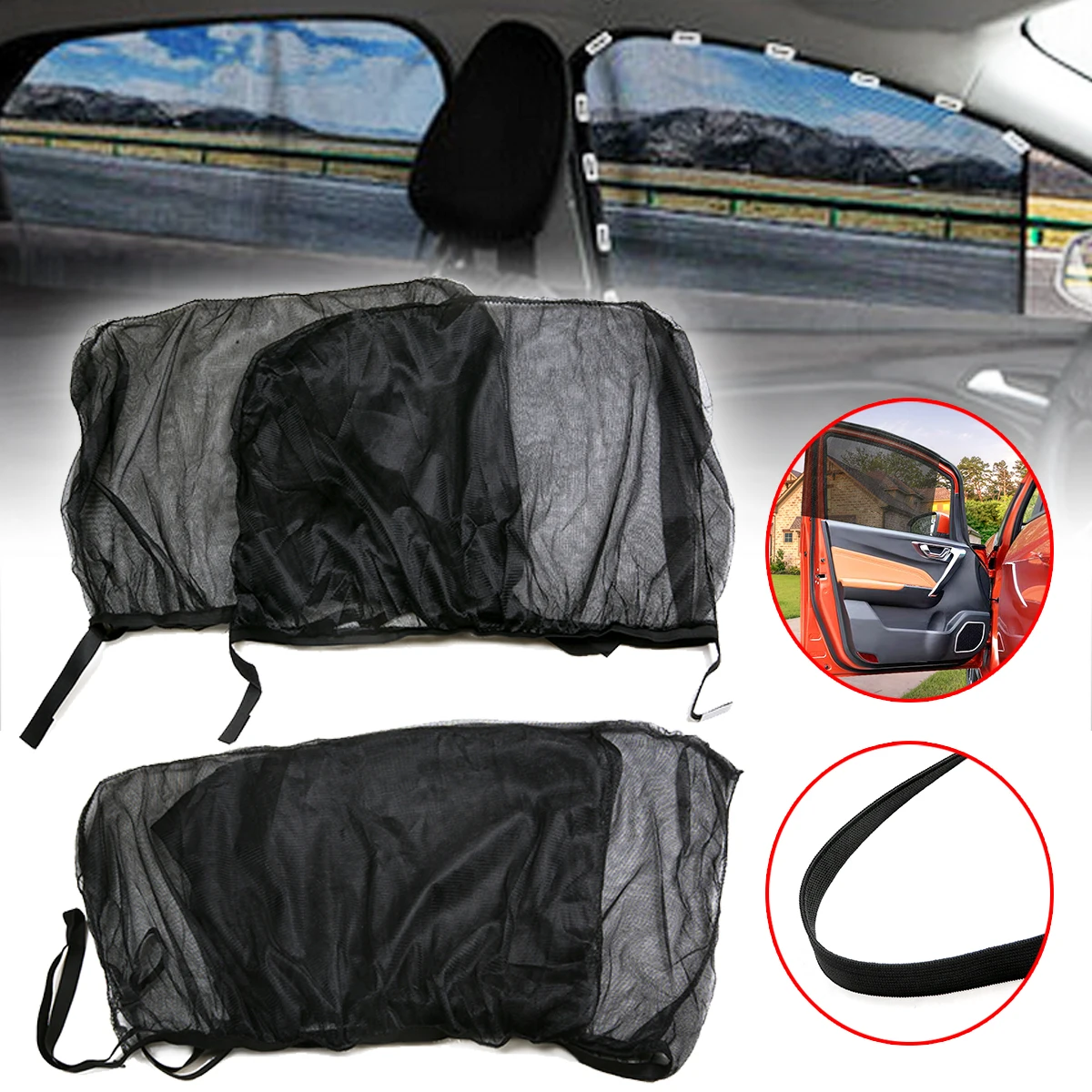 

4pcs Front+Rear Side Car Window Sun Shade Shield UV Mesh Large Cover Black Auto Sunshade Curtain Sun Shade Mesh Fabric