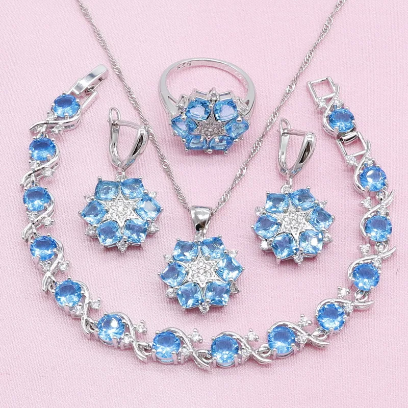 

Sky Blue Semi-precious 925 Silver Wedding Jewelry Sets For Women Earrings Bracelet Pendant Necklace Ring Gift Box