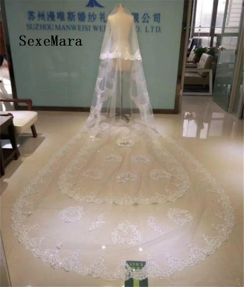 

Real Picture Luxury Wedding Veil White Lace Beading Crystals Soft Netting Two Layers Bridal Veil long train with Comb