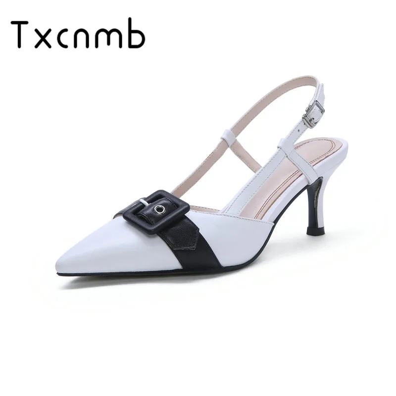 

TXCNMB Shoes Woman 2019 Genuine Leather High Heels Summer Sandals Buckle Close Toe Pointed Toe Concise Fahison Sandals