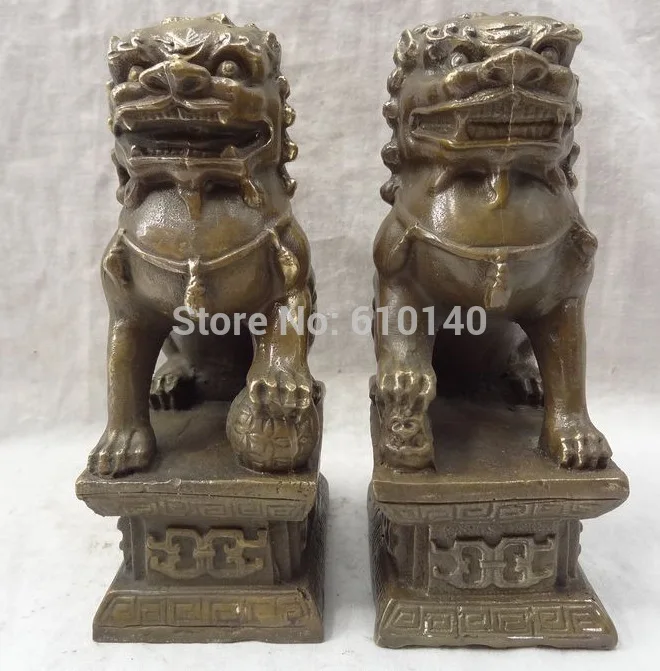 

Chinese Bronze Wealth FengShui Protect Foo Fu Dog Lion Ball Statue Pair