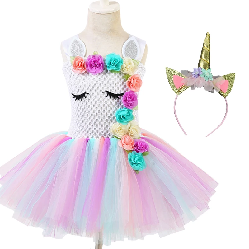 Праздничное платье-пачка с единорогом; платье принцессы для маленьких девочек; платье для костюмированной вечеринки с цветком радуги; платье для дня рождения; костюм на Хэллоуин - Цвет: with Gold headband