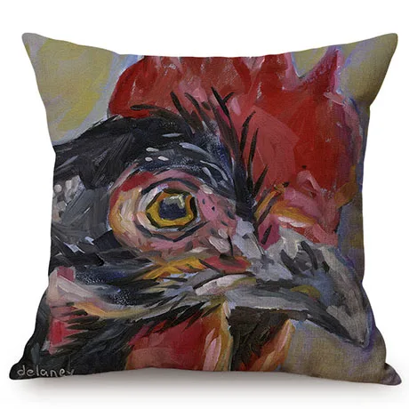 Hen Rooster Colorful Oil Painting Art Sofa Decoration Cushion Cover Rural Poultry Chicken Style Cotton Linen Square Pillow Case M082-3