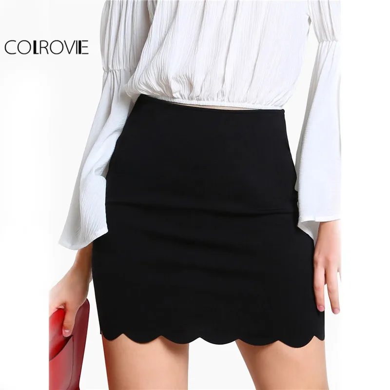 Buy COLROVIE Black Sexy Mini Fitting Skirt Scallop Edge Form Women Elegant OL