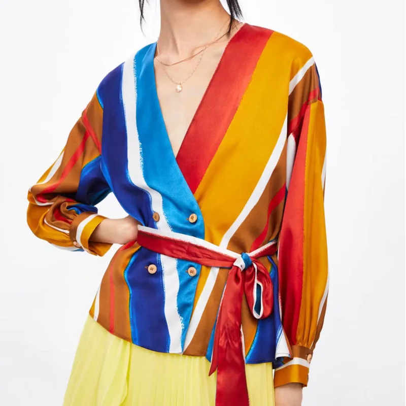 

[EWQ] Summer Shirt 2019 Fashion V-collar Long Sleeve Hit Colors Striped Adjustable Waist Shirt Women Blouse All Match AG05909