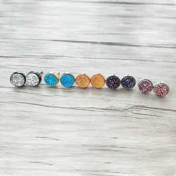 

5 Pairs U pick color Round Shape Stone Stud Earring Natural druse crystal Titanium Druzy Gem stone Stud Earring for women ER616