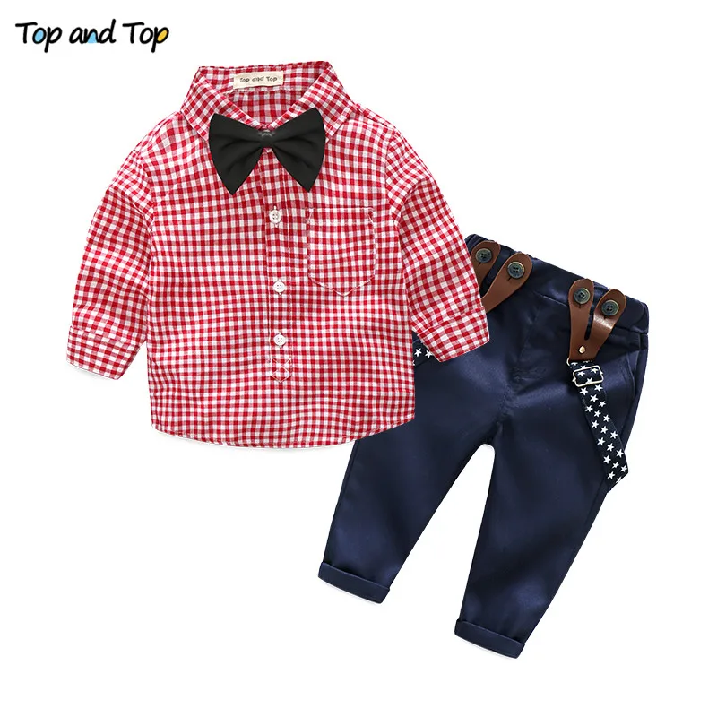Топ и топ, комплект одежды для маленьких мальчиков, одежда джентльмена для новорожденных мальчиков, рубашка с длинными рукавами+ комбинезон для малышей, комплект одежды из 2 предметов, Bebes - Цвет: Красный