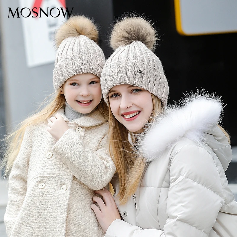 

MOSNOW Hat Female Mother And Child Wool Caps 2 Pieces/set Children Brand New Fashion 2018 Women's Cap Bonnet Skullies #MZ701B