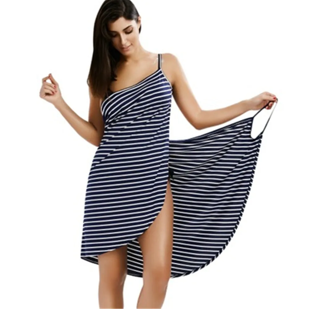 

Sexy Backless Women Summer Striped Dress V-Neck Spaghetti Strap Knee-length Cover Ups Beach Dresses Vestidos Asymmetry Sundress