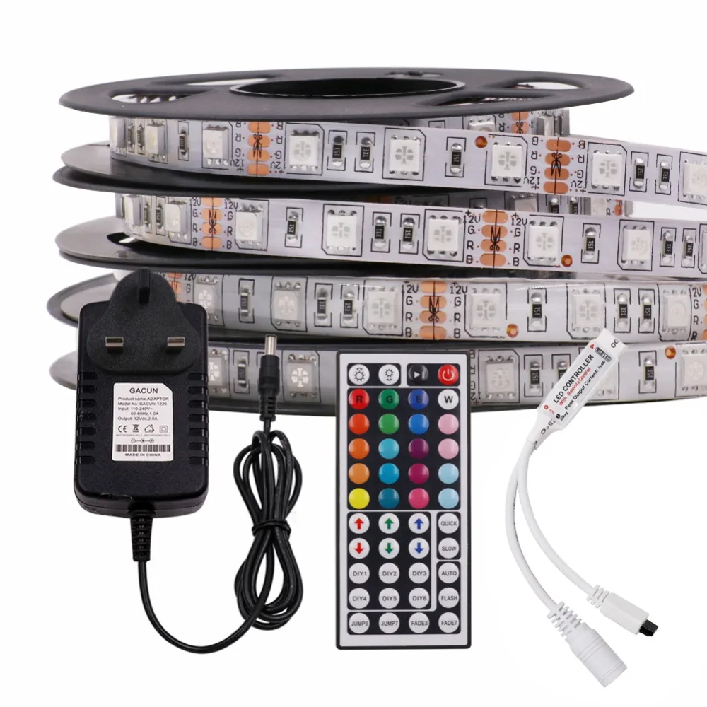 DC12V 5050 60 светодио дный s/m IP21 IP65 Водонепроницаемый Гибкая RGB Светодиодные ленты лампа + 12 В 2A 3A AU /EU/US/UK Мощность вилка + 44key ИК контроллер rgb лента