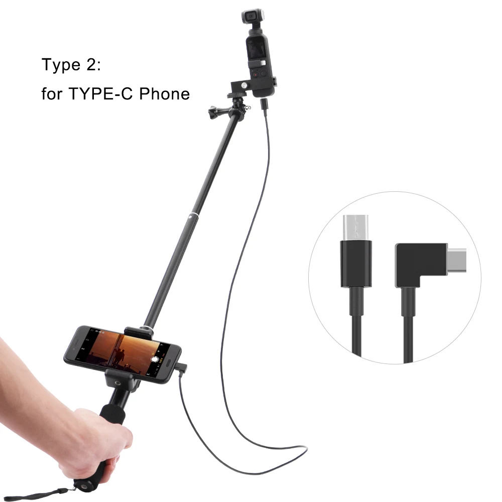 Handheld Gimbal Stabilizer, Phone Mount Bracket, Clamp Cable, Tipo C, Extensão Pólo