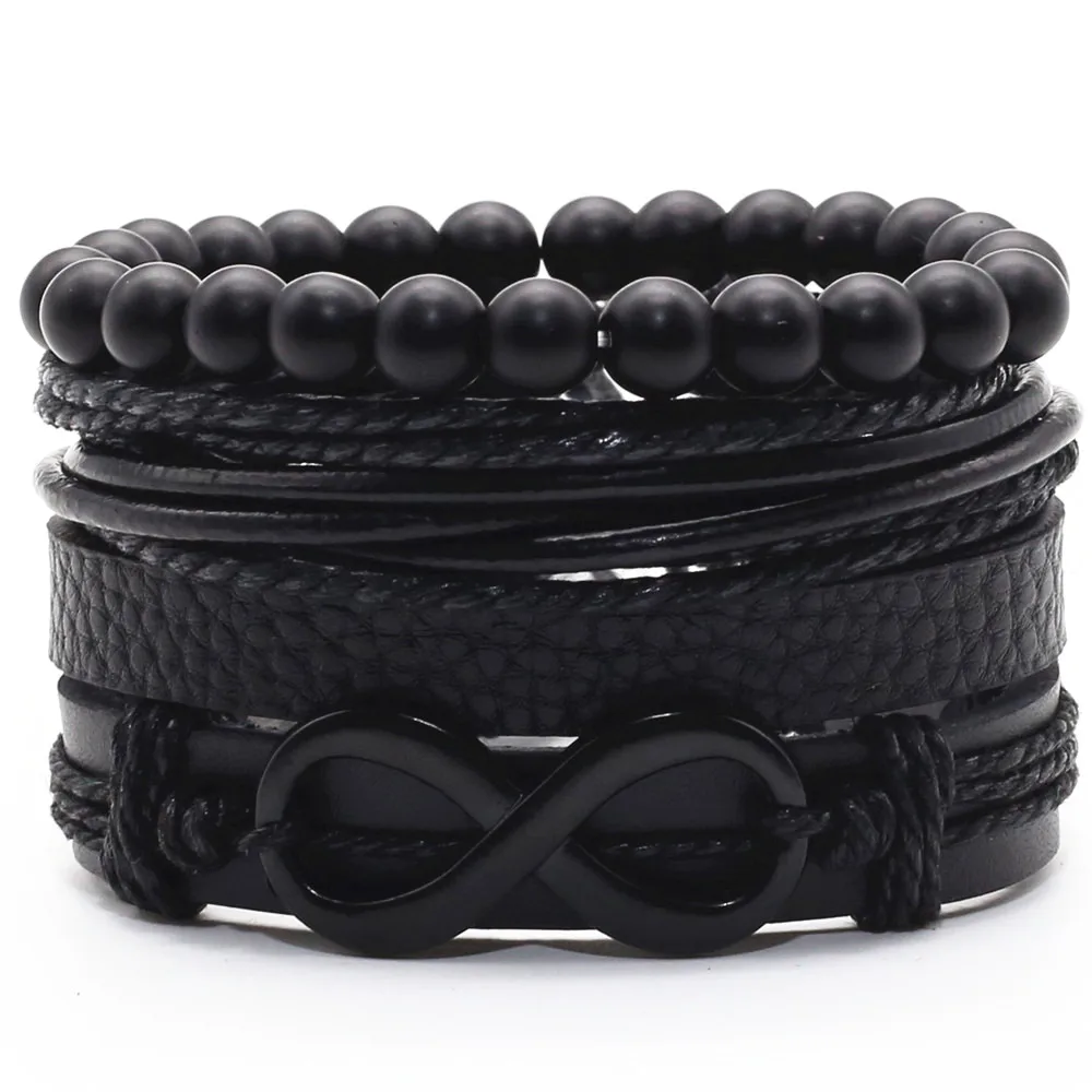 

Infinity Black Beads Charm Link Alloy Handmade Woven Men Leather Bracelets Women Vintage Bangle Male Jewelry Accessories