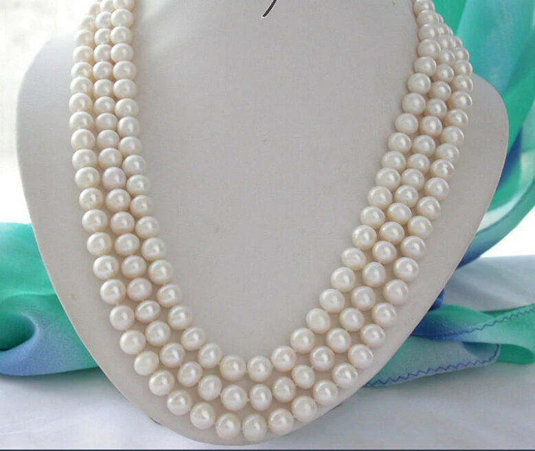 

FREE SHIPPING ***** z3735 3row21- 23" 10mm ROUND white freshwater pearl necklace (A0511)