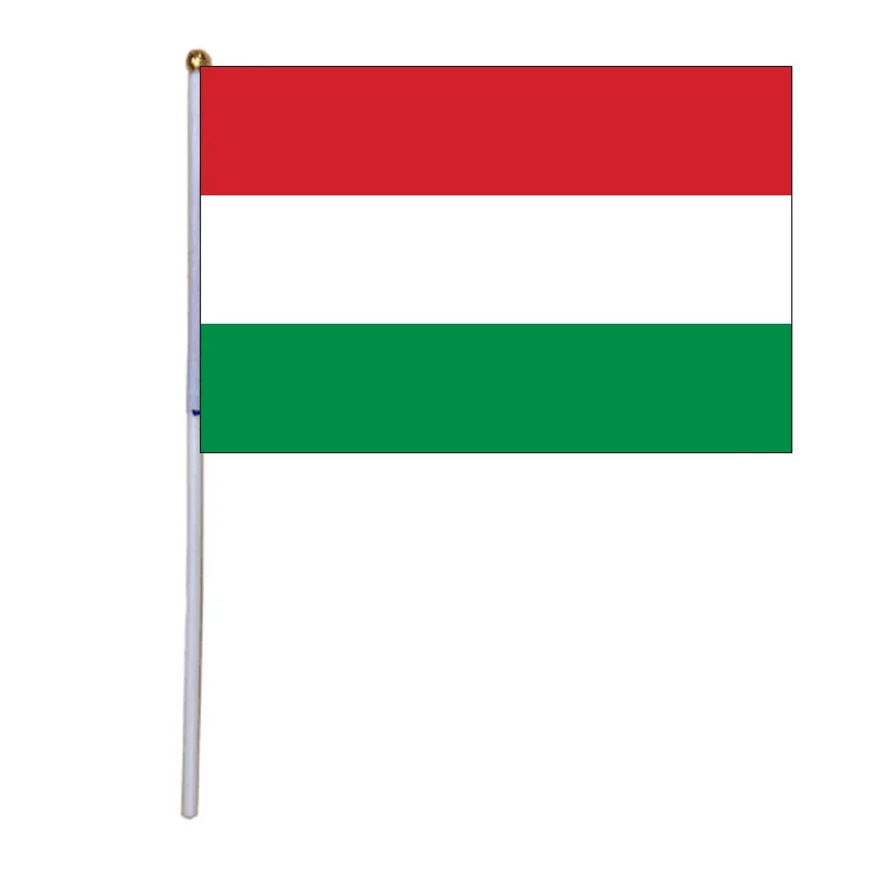 

free shipping xvggdg Hungary hand flag 14 * 21cm hand wave flags 100pcs / bag with plastic flagpole Polyester Printing banne