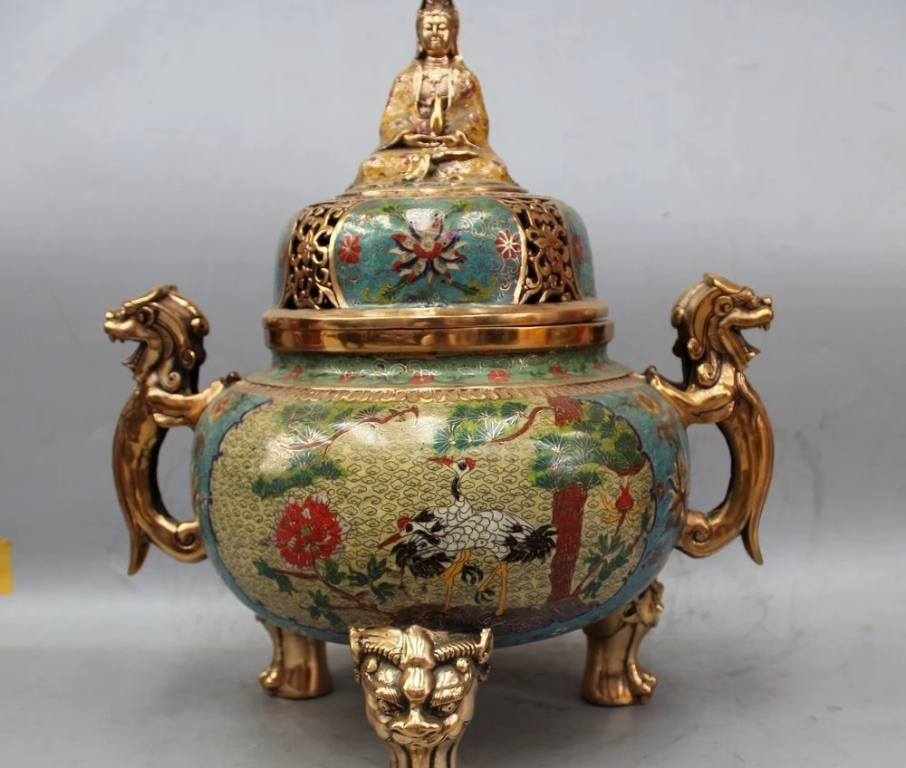 

20" Marked Chinese Cloisonne Bronze Gild Kwan-yin Vase Dragon Incense Burner Cen