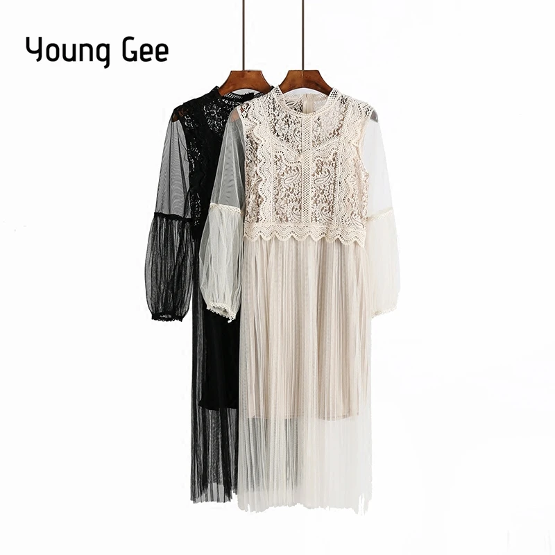 

Young Gee Luxury Lace 2019 Spring Lantern Long Sleeves Sexy Sheer Mesh Dresses Sweet Women Knee-length Crochet Dress vestidos