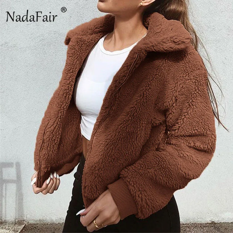 Nadafair Faux Fur Coat Women Autumn Winter Fluffy Teddy Jacket Coat Plus Size Long Sleeve Outerwear Turn Down Short Coat Female