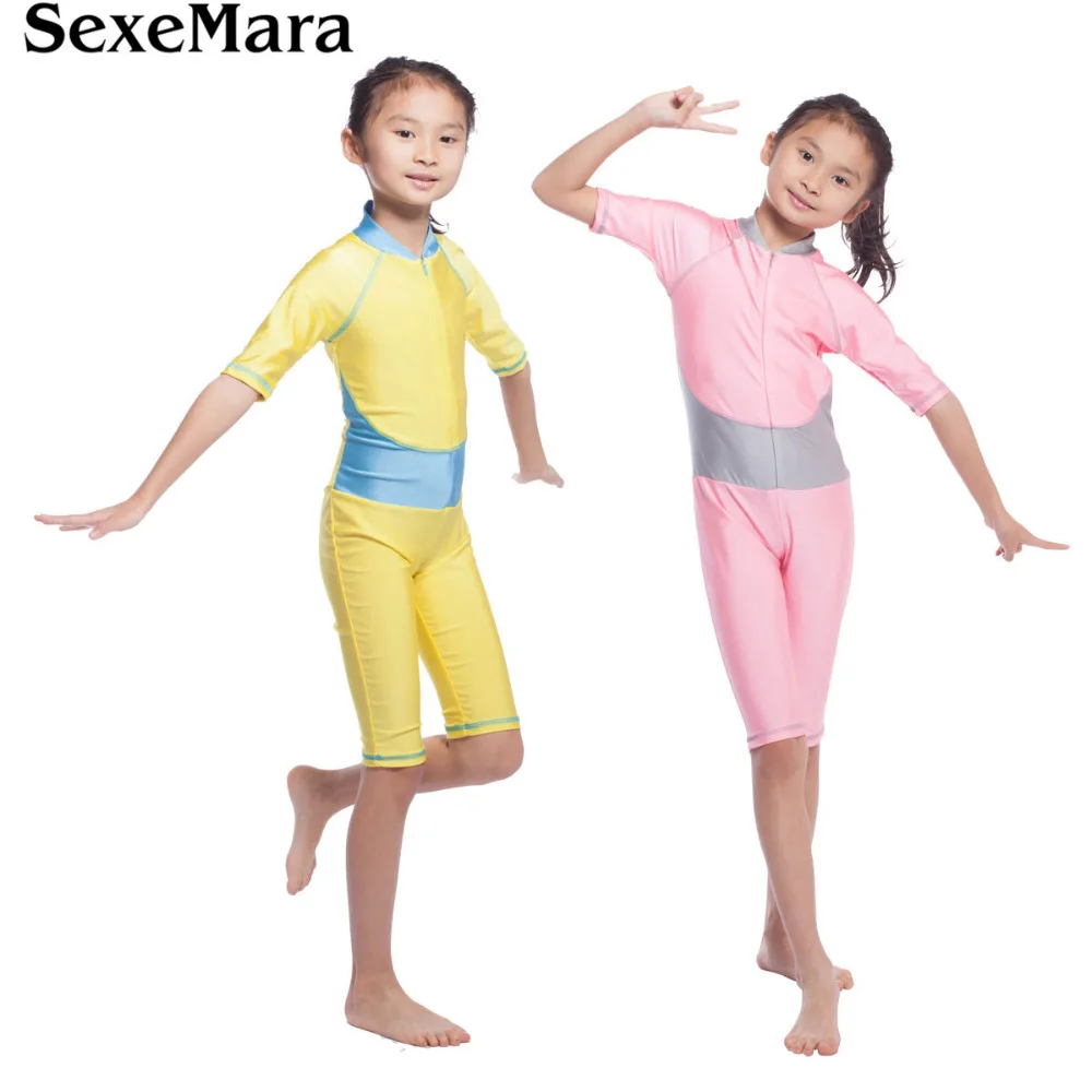 

2019 One piece Short Sleeve Swimwear For Muslim Young Girls Front Zipper Islamic Swimsuit For hijabs Islam Beach Wear Hijab