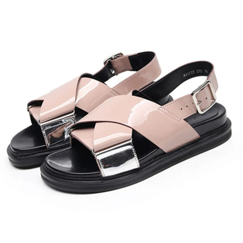 

2019 Genuine Leather Women Sandals Roman buckle open toe beach shoes fashion Sweet Flat Shoes Woman Sandals Ladies Slippers