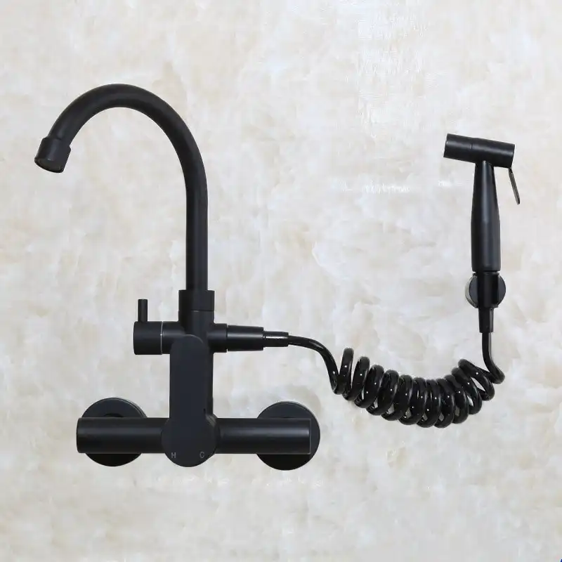 Wall Mounted Matte Black Stainless Steel Kitchen Faucet With Bidet