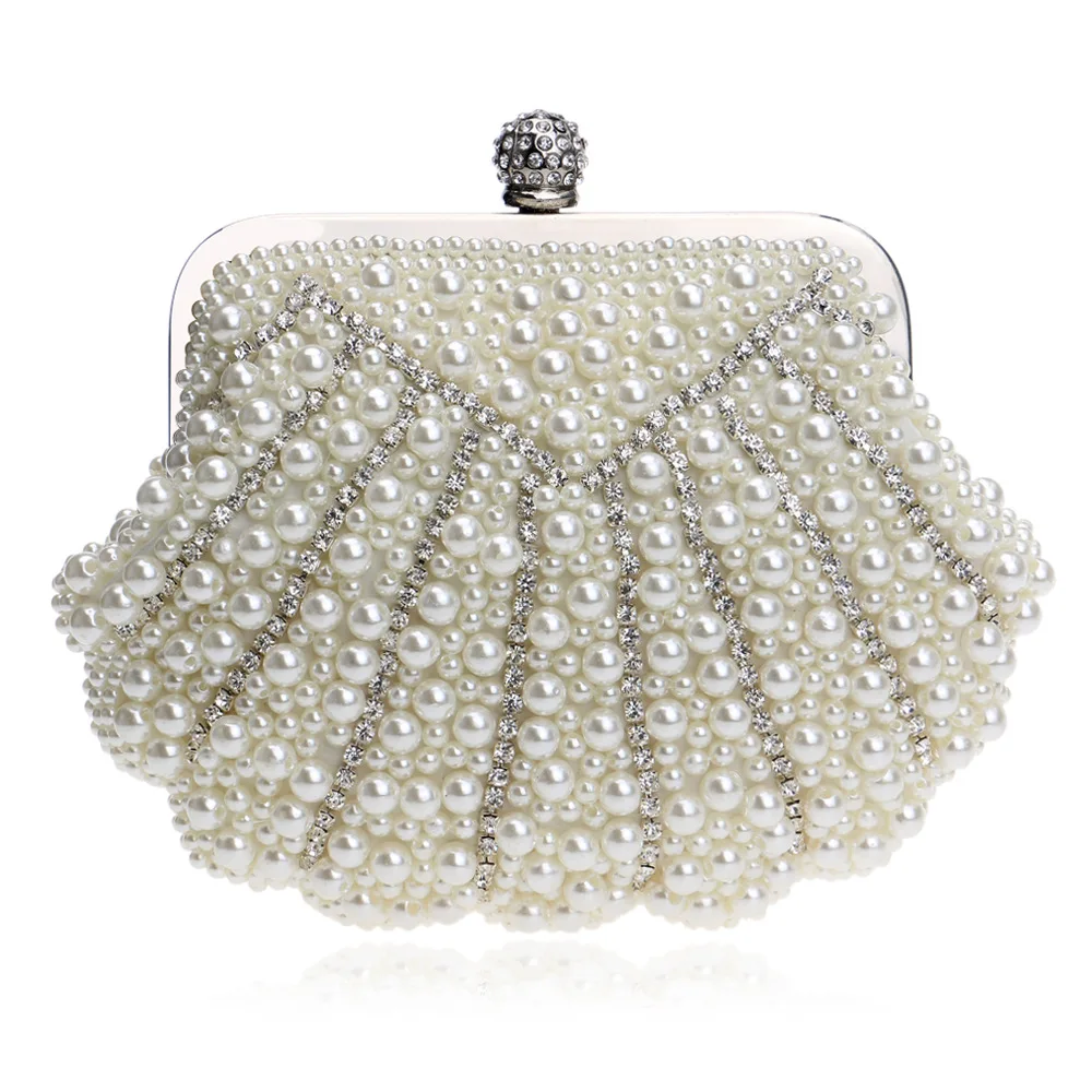 

Women's Evening Bag with Pearls and Crystal Diamonds, Shell Handbag Fit Wedding Party, Beautiful Luxury Purses
