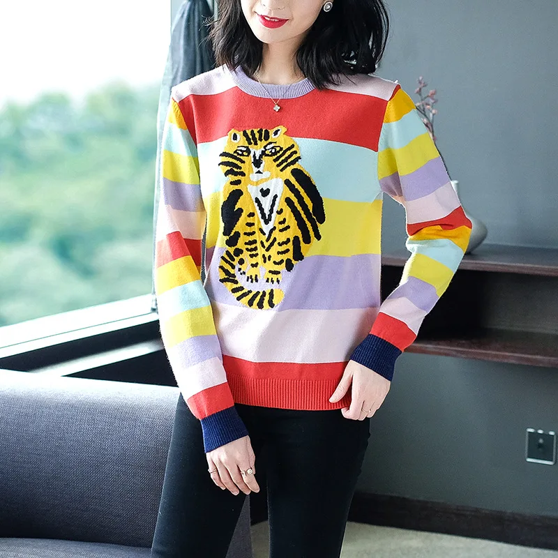 Striped elastic knit loose pullovers sweater 2018 new women autumn winter basic sweater