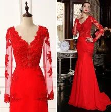 Luxus Red Mermaid Abendkleid 2016 Long Sleeves Promi Formal Appliques Kleider Für Besondere Anlässe Prom Elegante Kleider