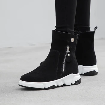 

Luxury Wool Snow Boots Women Winter Platform Flat Ankle boots Comfort Warm Round Toe Genuine Leather Short Boots Black