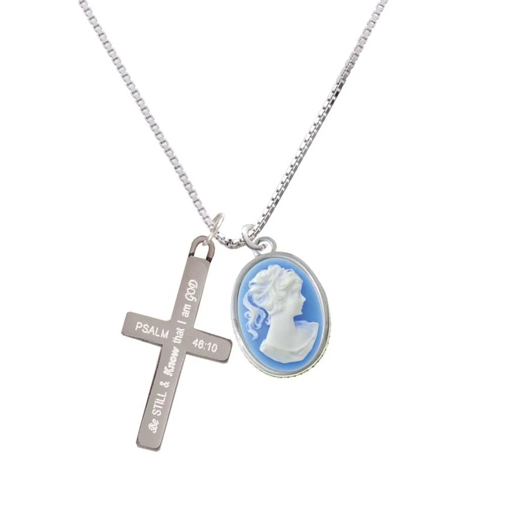 Small Blue Oval Cameo - Be Still and Know - Cross Necklace
