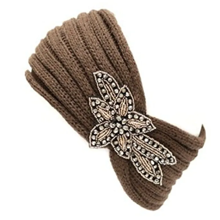 New women Beaded Flower Jewel Knit Headband Hairband Winter Head Wrap