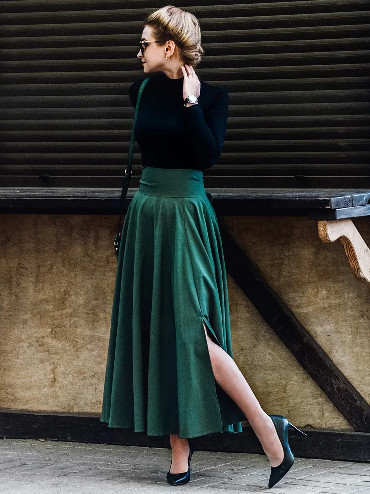 Colorfaith, Женская длинная юбка макси с разрезом, винтажная Женская модная плиссированная Расклешенная юбка с карманами на шнуровке и бантом размера плюс 4XL, SK8831