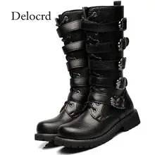 Мужские мотоциклетные кожаные ботинки в стиле панк; высокие армейские ботинки в военном стиле; мужские сапоги выше колена на каблуке; обувь с пряжкой; D