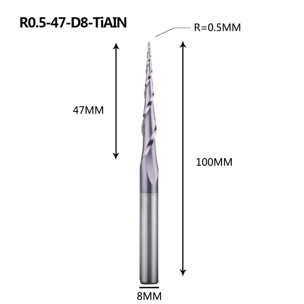 Карбид вольфрама 4 мм 6 мм 8 мм конические концевые фрезы с шариковым носом Фрезы с ЧПУ конусные фрезы для дерева и металла - Длина режущей кромки: R0.5-47-100-D8