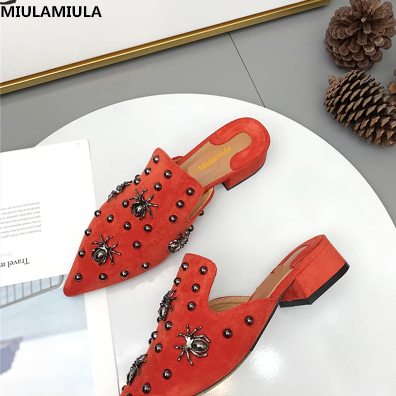 

MIULAMIULA Brand Designers 2018 Fashion Black Red Animal Rivet Woman Pointed Flocked Flock Shoes Slip On Loafers Med Heels Pumps