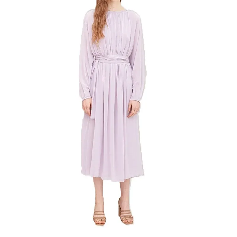 

spring western style fashion cute loose solid color hollow out lace-up long sleeve SML XL XXL woman casual long chiffon dress