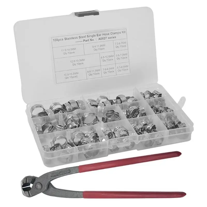 

Auto Car Universal PEX Pinch Crimper Crimping Tool with 100pcs Stainless Steel Single Ear Hose Clamps 10 Sizes Clips