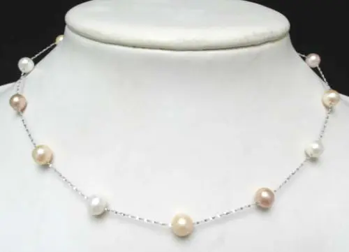 

06368 multi-color freshwater pearl beads silver chain necklace 18