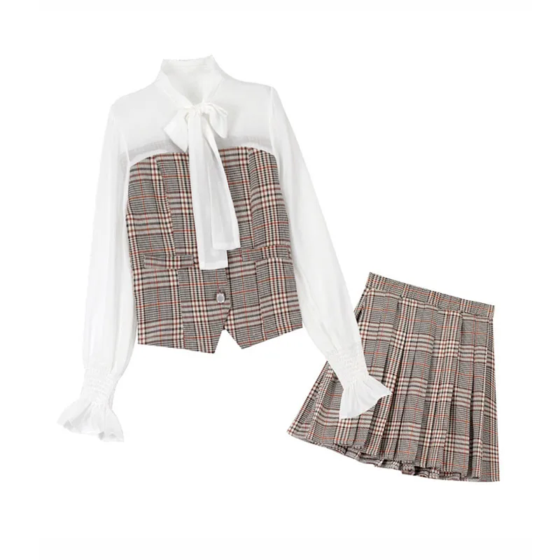 

PERHAPS U women khaki black white patchwork houndtooth skirt with shirt bow collar 2 two pieces set elegant plaid T0160